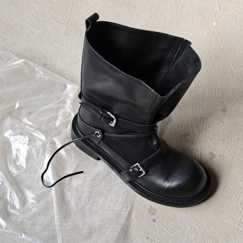 Leather Classic Strap - レトロバックルミッドカーフブーツ女性厚底スリムナイトブーツ多用途オートバイブーツ