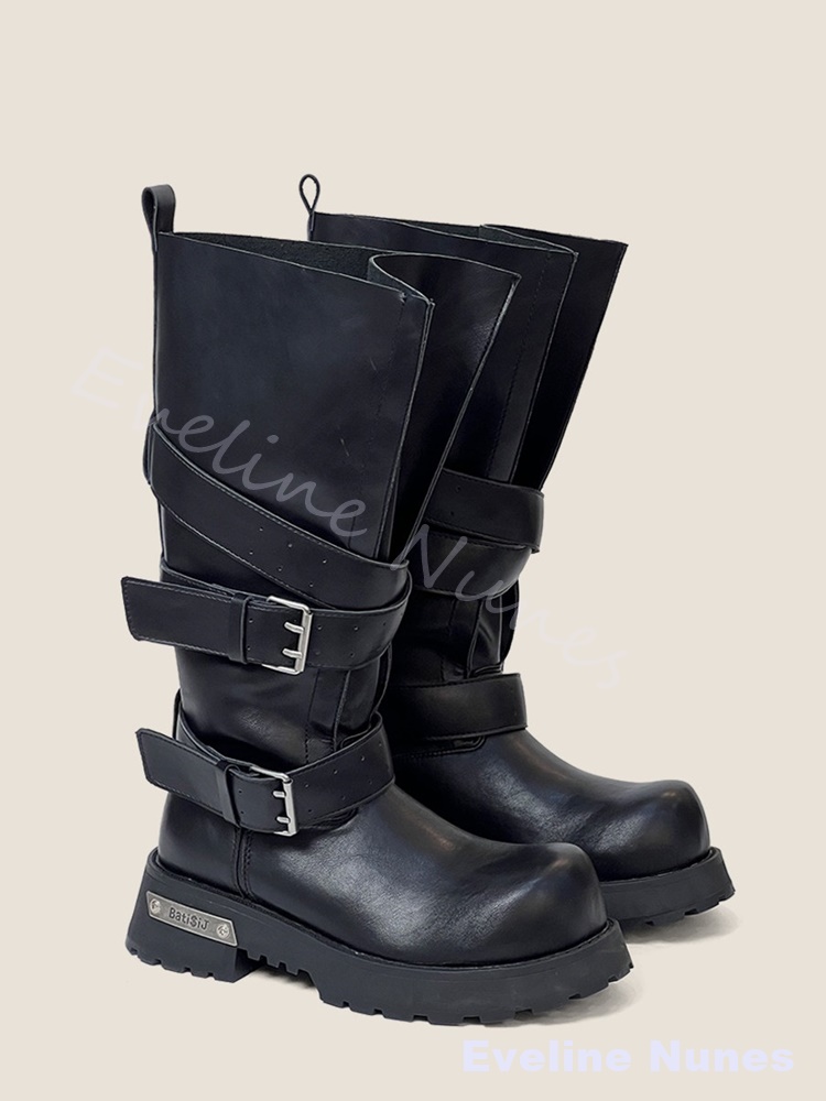 ワイドレッグベルトバックル厚底オートバイブーツ女性牛革スエー - Leather Classic Strap のレビューと価格